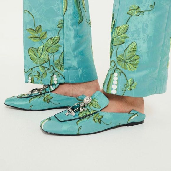 IRIS APFEL for H&M Turquoise Embellished Brocade Slippers Loafers - Picture 5 of 7
